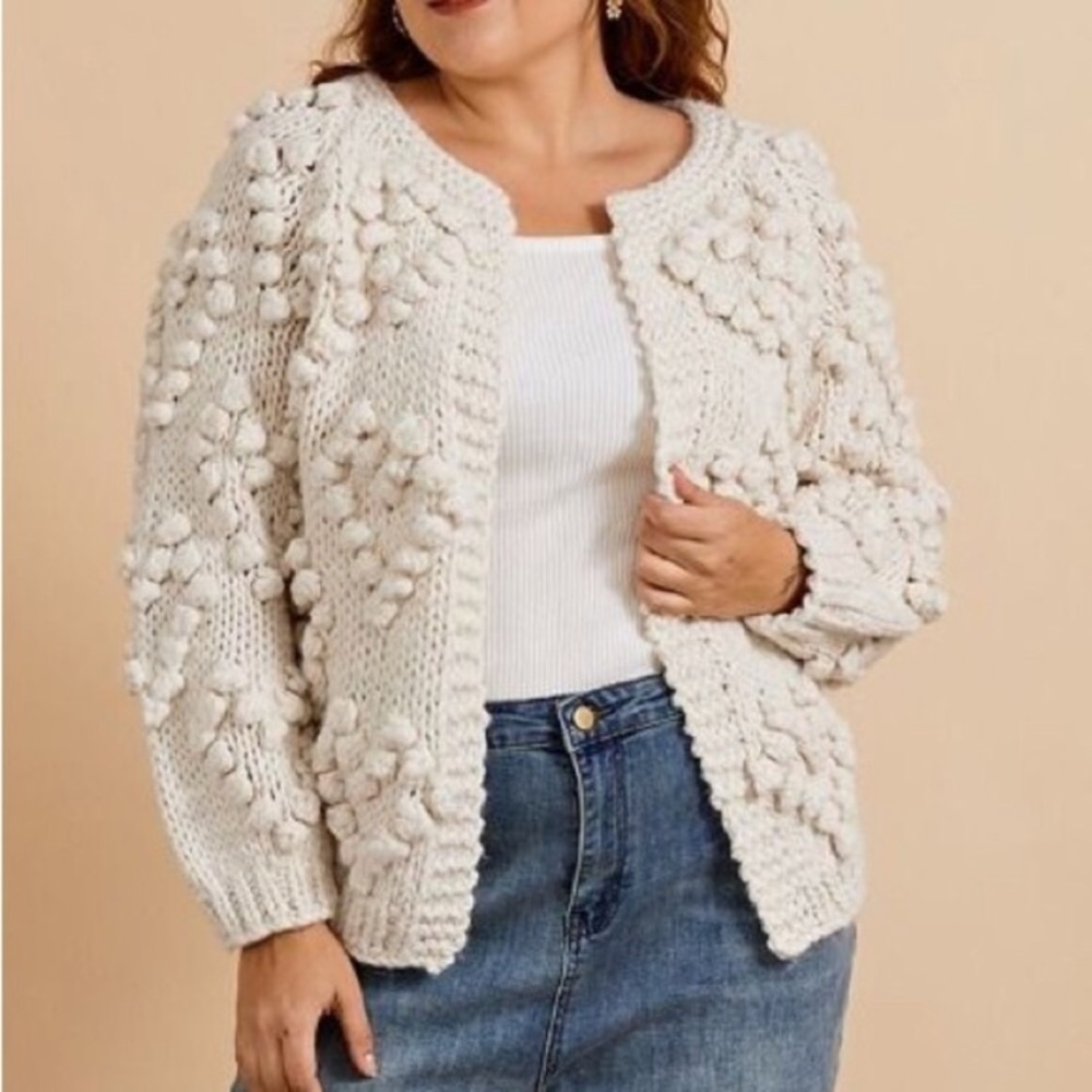 Chicwish Ivory Chunky Popcorn Heart Bubble Knit Long Sleeve Sweater Cardigan - Picture 6 of 7